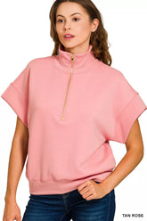 Scuba High Neck Half Zip Short Sleeve Top With Plus Size ZENANA